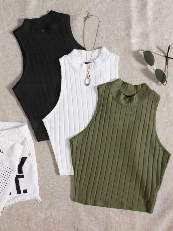 3pcs Set Mock Neck Rib Knit Tank Top