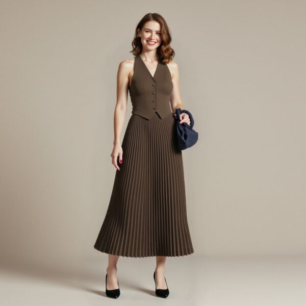 Halter Neck Single Breasted Vest and Pleated Skirt