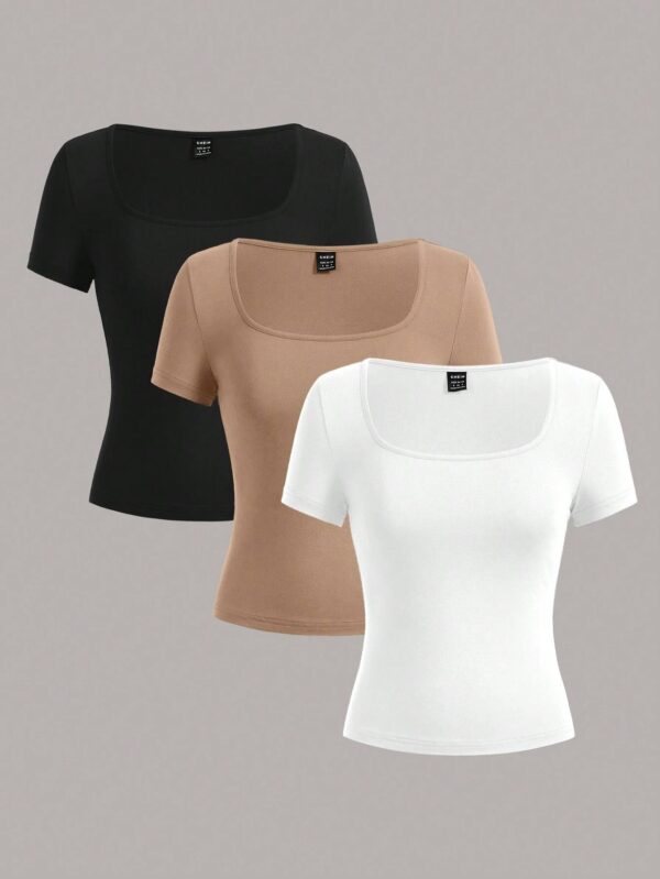 3 pcs Set Square Neck Cropped Short Sleeve Shirt